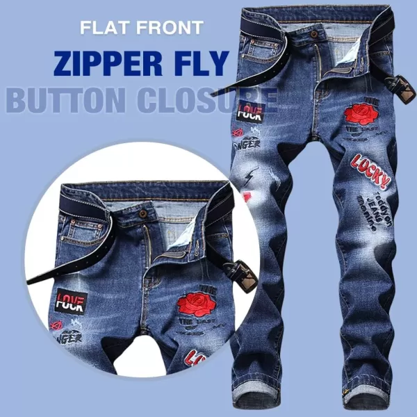 IDEALSANXUN Ripped Jeans Men Pattern Straight Leg Skinny Slim Fit Stretch JeansBlue