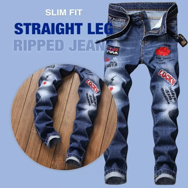 IDEALSANXUN Ripped Jeans Men Pattern Straight Leg Skinny Slim Fit Stretch JeansBlue