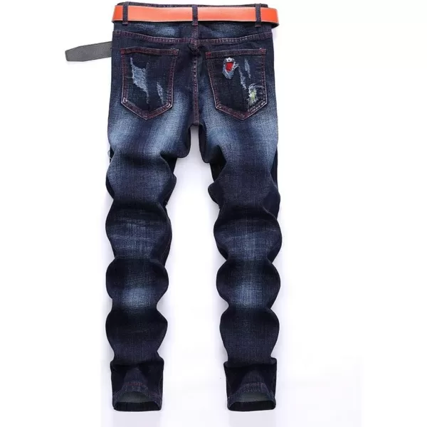 IDEALSANXUN Ripped Jeans Men Pattern Straight Leg Skinny Slim Fit Stretch JeansDark Blue 9705