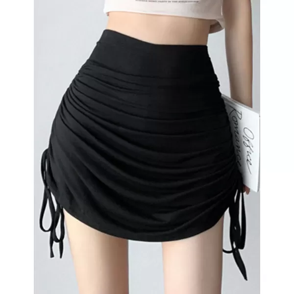 IDEALSANXUN Ruched Mini Skirt for Women High Waisted Bodycon Pencil Sexy Cute Y2k Short SkirtsBlack