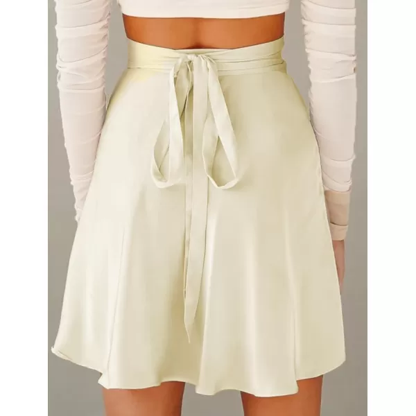 IDEALSANXUN Satin Wrap Mini Skirt for Women High Waisted A Line Flowy Cute Spring Summer Short SkirtBeige