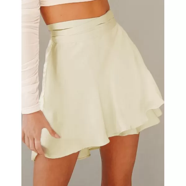 IDEALSANXUN Satin Wrap Mini Skirt for Women High Waisted A Line Flowy Cute Spring Summer Short SkirtBeige