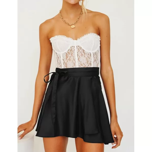IDEALSANXUN Satin Wrap Mini Skirt for Women High Waisted A Line Flowy Cute Spring Summer Short SkirtBlack