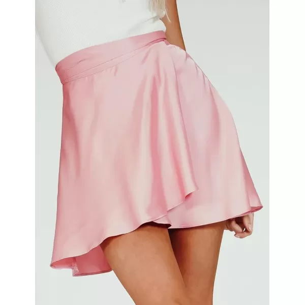 IDEALSANXUN Satin Wrap Mini Skirt for Women High Waisted A Line Flowy Cute Spring Summer Short SkirtPink