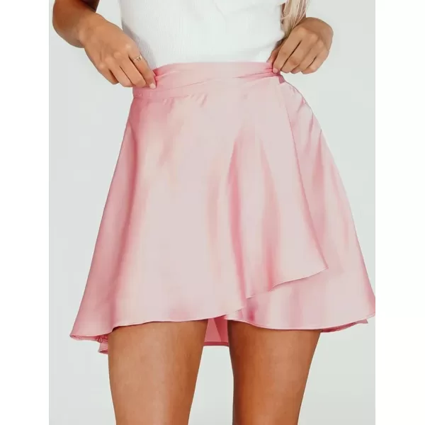 IDEALSANXUN Satin Wrap Mini Skirt for Women High Waisted A Line Flowy Cute Spring Summer Short SkirtPink
