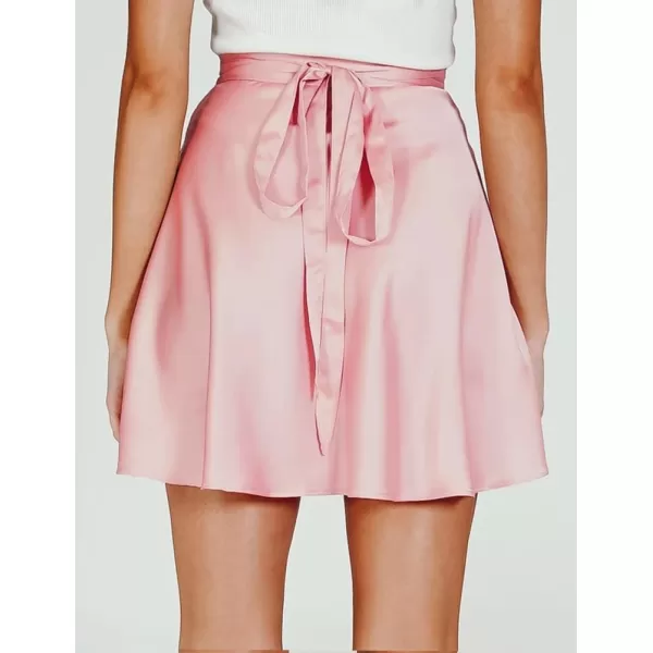 IDEALSANXUN Satin Wrap Mini Skirt for Women High Waisted A Line Flowy Cute Spring Summer Short SkirtPink