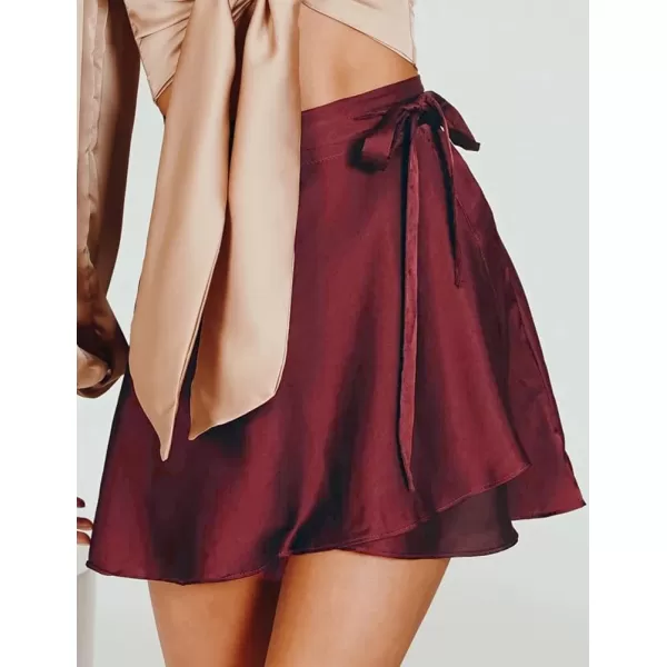 IDEALSANXUN Satin Wrap Mini Skirt for Women High Waisted A Line Flowy Cute Spring Summer Short SkirtWine