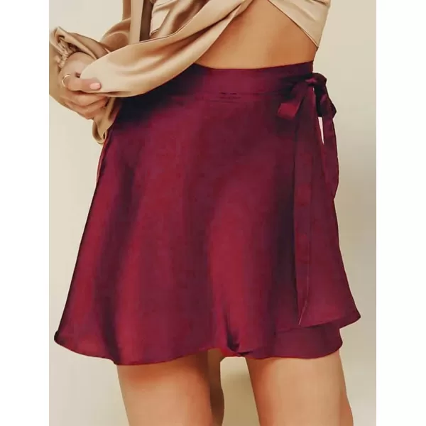 IDEALSANXUN Satin Wrap Mini Skirt for Women High Waisted A Line Flowy Cute Spring Summer Short SkirtWine