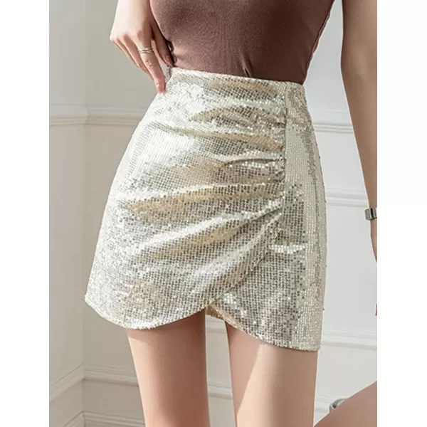 IDEALSANXUN Sequin Skirt for Women High Waisted Asymmetrical Tulip Hem Glitter Sparkly Mini Bodycon SkirtBeige