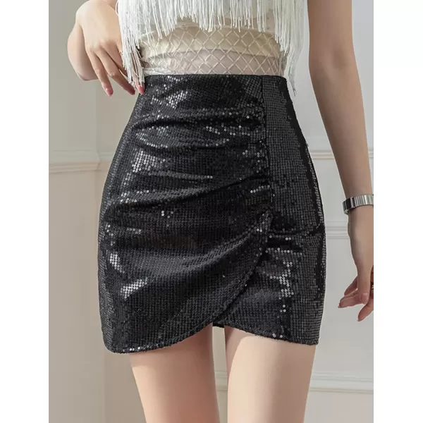 IDEALSANXUN Sequin Skirt for Women High Waisted Asymmetrical Tulip Hem Glitter Sparkly Mini Bodycon SkirtBlack