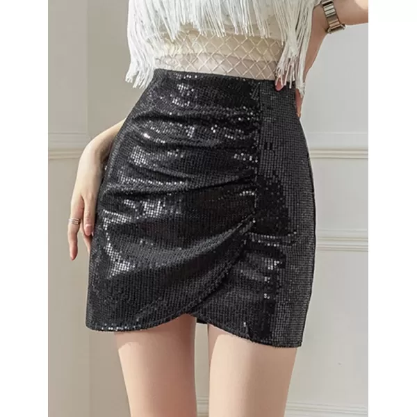 IDEALSANXUN Sequin Skirt for Women High Waisted Asymmetrical Tulip Hem Glitter Sparkly Mini Bodycon SkirtBlack