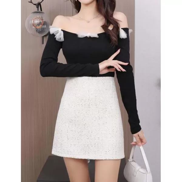 IDEALSANXUN Sequin Tweed Skirts for Women Trendy High Waisted Sparkly Bodycon Mini Skirt with ShortsWhite