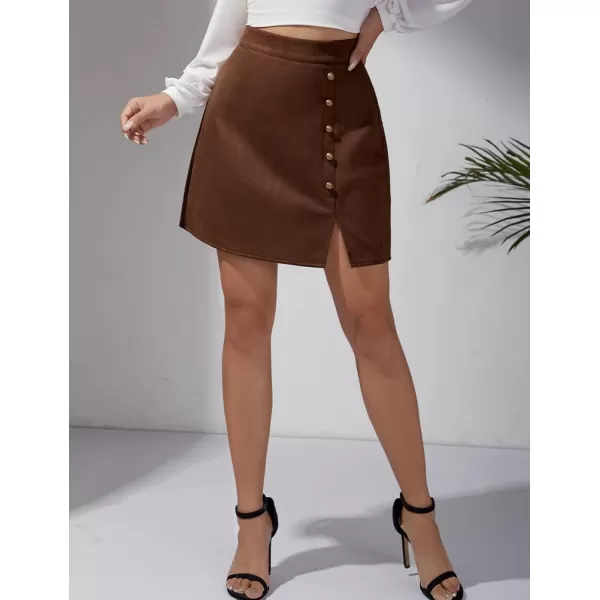 IDEALSANXUN Suede Mini Skirt for Women High Waisted Pencil Bodycon Spring Summer Short Skirt with SlitBrown