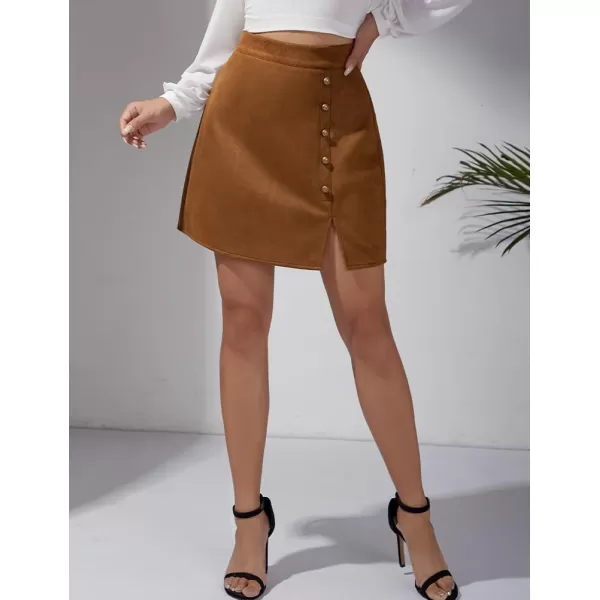 IDEALSANXUN Suede Mini Skirt for Women High Waisted Pencil Bodycon Spring Summer Short Skirt with SlitKhaki