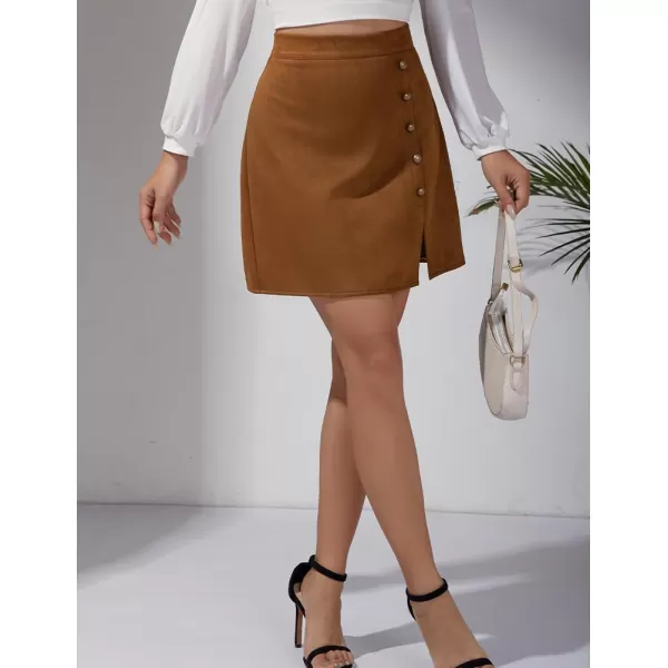 IDEALSANXUN Suede Mini Skirt for Women High Waisted Pencil Bodycon Spring Summer Short Skirt with SlitKhaki