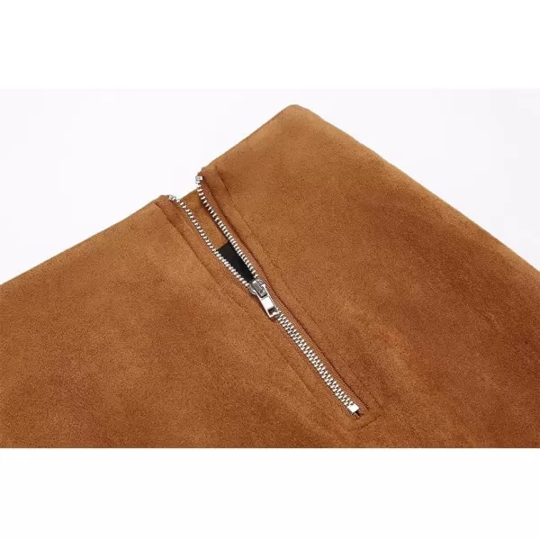 IDEALSANXUN Suede Skirts for Women 2023 High Waisted Bodycon Mini Skirt with Double ZipperBrown