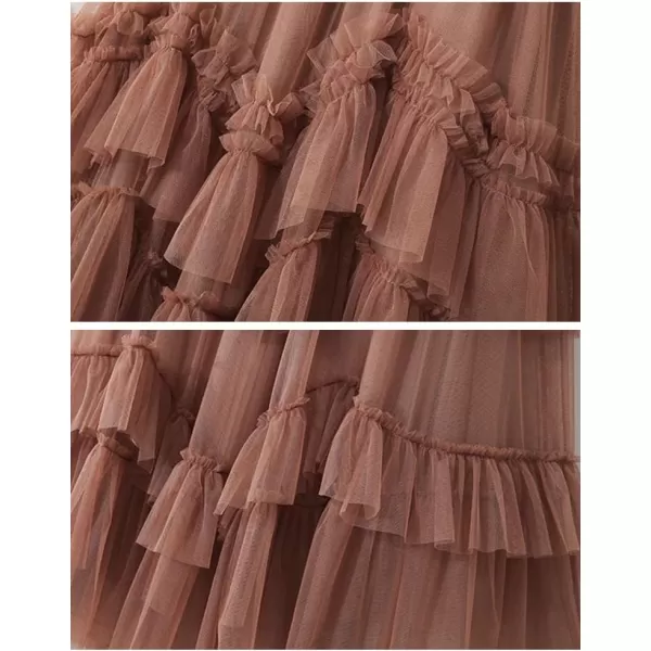 IDEALSANXUN Tulle Skirts for Women High Waisted Layered Pleated Tutu Fairy Mesh Ruffle Midi SkirtKhaki