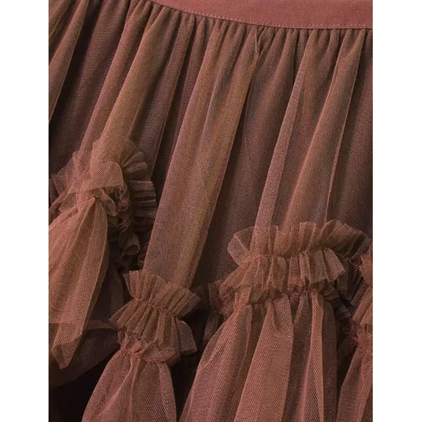IDEALSANXUN Tulle Skirts for Women High Waisted Layered Pleated Tutu Fairy Mesh Ruffle Midi SkirtKhaki