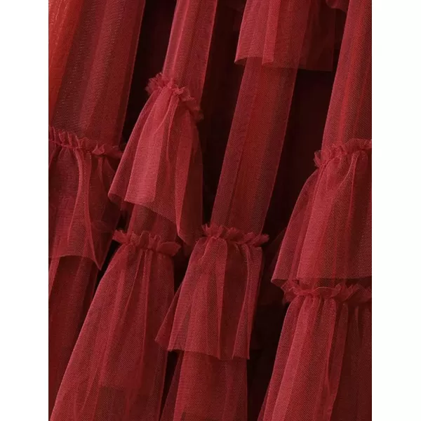 IDEALSANXUN Tulle Skirts for Women High Waisted Layered Pleated Tutu Fairy Mesh Ruffle Midi SkirtRed
