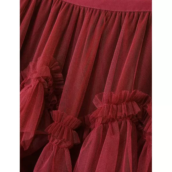 IDEALSANXUN Tulle Skirts for Women High Waisted Layered Pleated Tutu Fairy Mesh Ruffle Midi SkirtRed