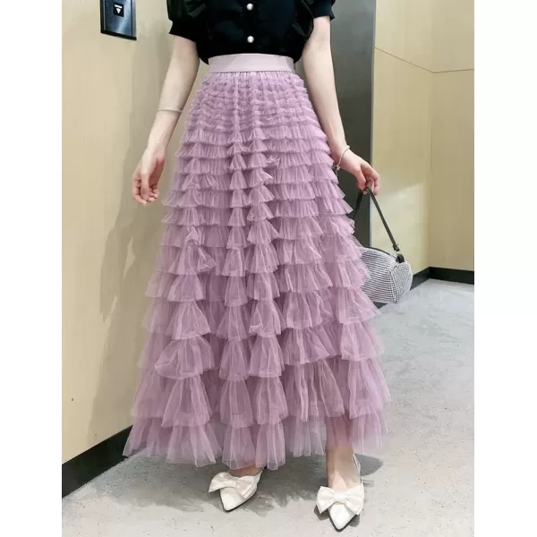 IDEALSANXUN Tulle Skirts for Women High Waisted Layered Ruffle Fluffy Fairy Mesh Tutu Pleated Long SkirtPurple
