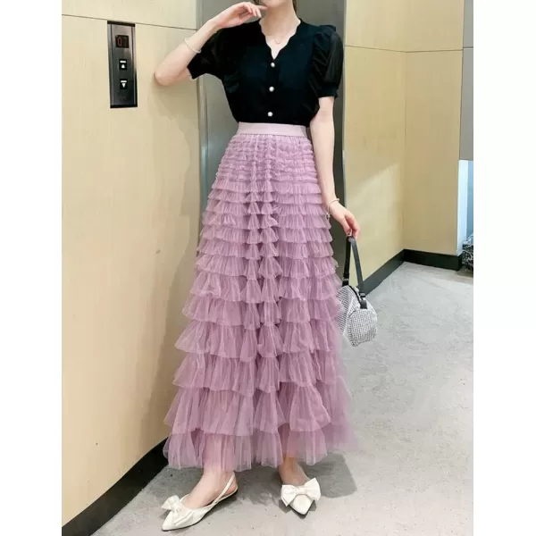 IDEALSANXUN Tulle Skirts for Women High Waisted Layered Ruffle Fluffy Fairy Mesh Tutu Pleated Long SkirtPurple