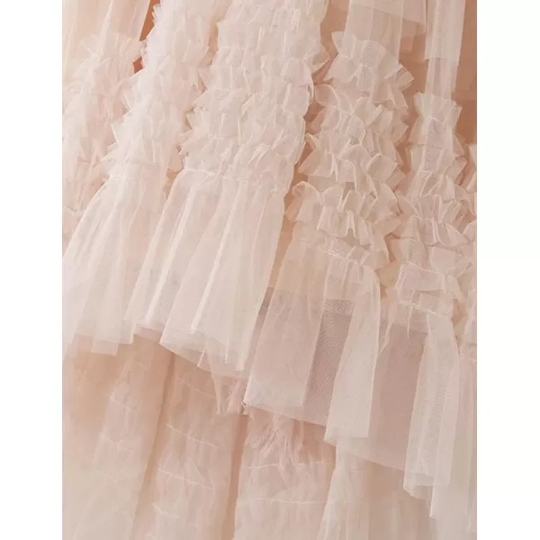 IDEALSANXUN Tulle Skirts for Women High Waisted Pleated Tiered Fairy Mesh Tutu Dress A Line Fashion Fluffy Ruffle Midi SkirtApricot