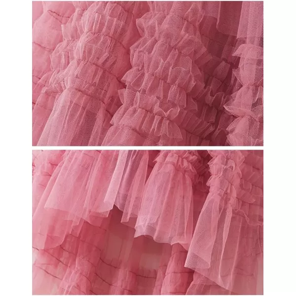 IDEALSANXUN Tulle Skirts for Women High Waisted Pleated Tiered Fairy Mesh Tutu Dress A Line Fashion Fluffy Ruffle Midi SkirtPink