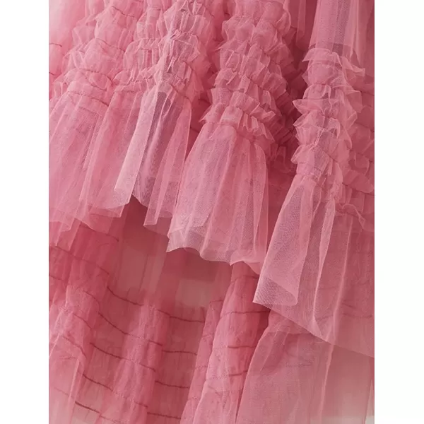 IDEALSANXUN Tulle Skirts for Women High Waisted Pleated Tiered Fairy Mesh Tutu Dress A Line Fashion Fluffy Ruffle Midi SkirtPink