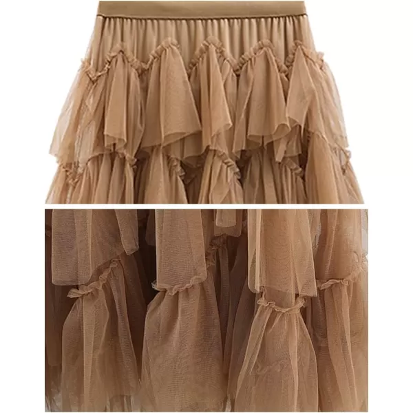 IDEALSANXUN Tulle Skirts for Women Trendy 2023 Summer Pleated A Line Maxi Midi Long SkirtKhaki