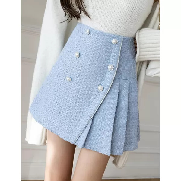 IDEALSANXUN Tweed Mini Skirt High Waisted A Line Casual Fall Winter 2023 Trendy Pleated SkirtsBlue