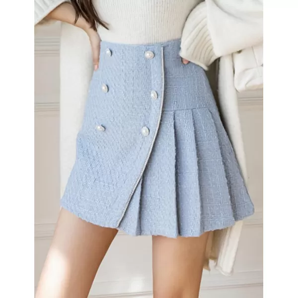 IDEALSANXUN Tweed Mini Skirt High Waisted A Line Casual Fall Winter 2023 Trendy Pleated SkirtsBlue