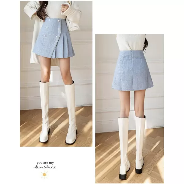 IDEALSANXUN Tweed Mini Skirt High Waisted A Line Casual Fall Winter 2023 Trendy Pleated SkirtsBlue