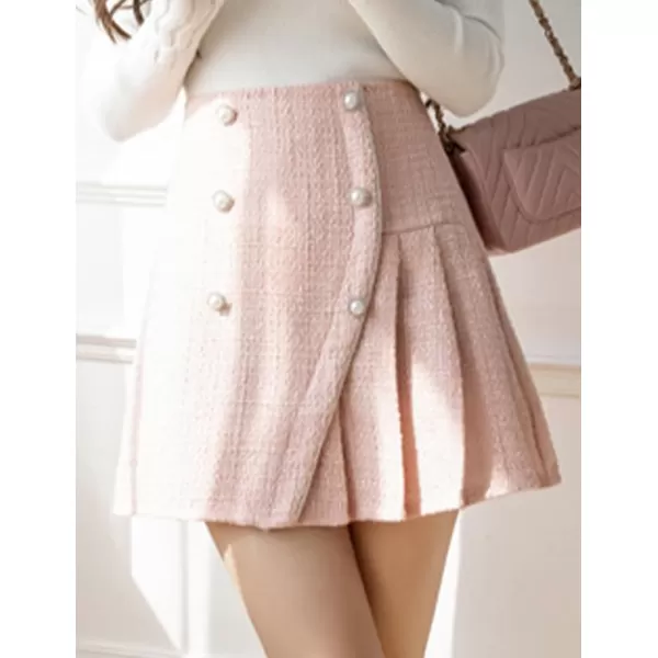 IDEALSANXUN Tweed Mini Skirt High Waisted A Line Casual Fall Winter 2023 Trendy Pleated SkirtsPink