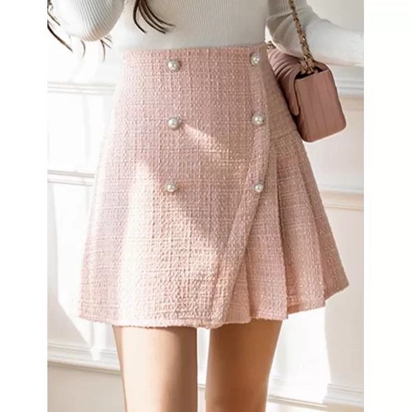 IDEALSANXUN Tweed Mini Skirt High Waisted A Line Casual Fall Winter 2023 Trendy Pleated SkirtsPink