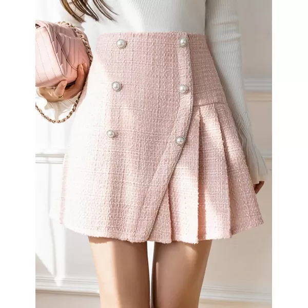 IDEALSANXUN Tweed Mini Skirt High Waisted A Line Casual Fall Winter 2023 Trendy Pleated SkirtsPink