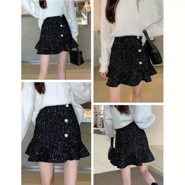 IDEALSANXUN Tweed Mini Skirts for Women Trendy High Waisted Ruffle Sparkly Bodycon Sequin SkirtBlack