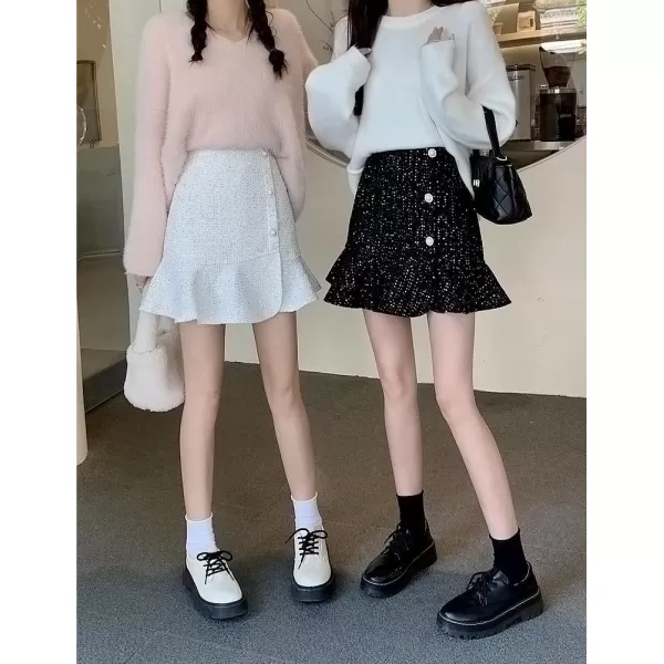 IDEALSANXUN Tweed Mini Skirts for Women Trendy High Waisted Ruffle Sparkly Bodycon Sequin SkirtBlack