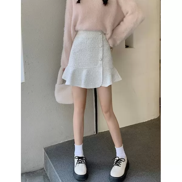 IDEALSANXUN Tweed Mini Skirts for Women Trendy High Waisted Ruffle Sparkly Bodycon Sequin SkirtWhite