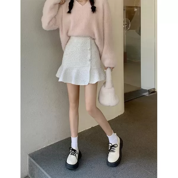 IDEALSANXUN Tweed Mini Skirts for Women Trendy High Waisted Ruffle Sparkly Bodycon Sequin SkirtWhite