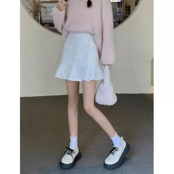 IDEALSANXUN Tweed Mini Skirts for Women Trendy High Waisted Ruffle Sparkly Bodycon Sequin SkirtWhite
