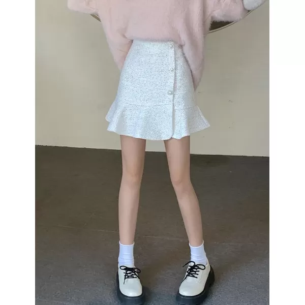 IDEALSANXUN Tweed Mini Skirts for Women Trendy High Waisted Ruffle Sparkly Bodycon Sequin SkirtWhite