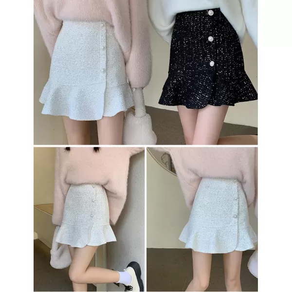 IDEALSANXUN Tweed Mini Skirts for Women Trendy High Waisted Ruffle Sparkly Bodycon Sequin SkirtWhite