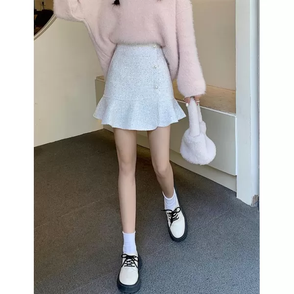 IDEALSANXUN Tweed Mini Skirts for Women Trendy High Waisted Ruffle Sparkly Bodycon Sequin SkirtWhite