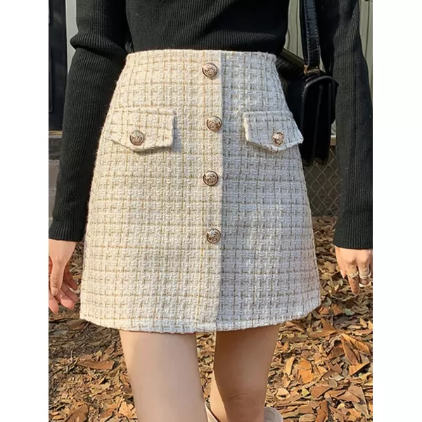 IDEALSANXUN Tweed Plaid Skirt for Women Fall Winter High Waisted Bodycon A Line Mini SkirtsBeige
