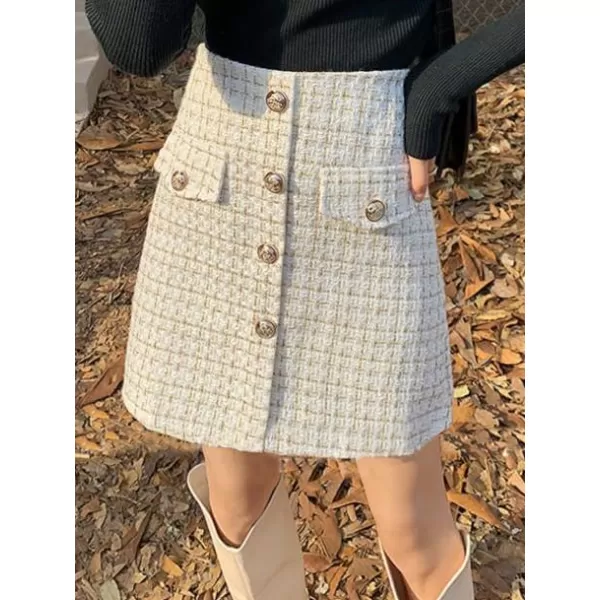 IDEALSANXUN Tweed Plaid Skirt for Women Fall Winter High Waisted Bodycon A Line Mini SkirtsBeige