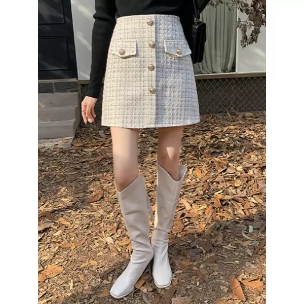 IDEALSANXUN Tweed Plaid Skirt for Women Fall Winter High Waisted Bodycon A Line Mini SkirtsBeige