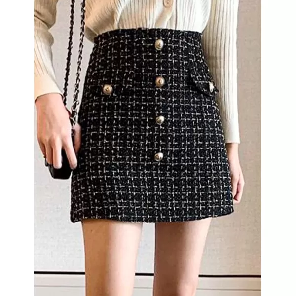 IDEALSANXUN Tweed Plaid Skirt for Women Fall Winter High Waisted Bodycon A Line Mini SkirtsBlack