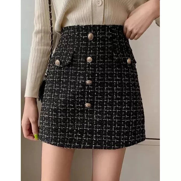 IDEALSANXUN Tweed Plaid Skirt for Women Fall Winter High Waisted Bodycon A Line Mini SkirtsBlack