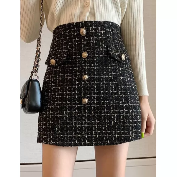 IDEALSANXUN Tweed Plaid Skirt for Women Fall Winter High Waisted Bodycon A Line Mini SkirtsBlack